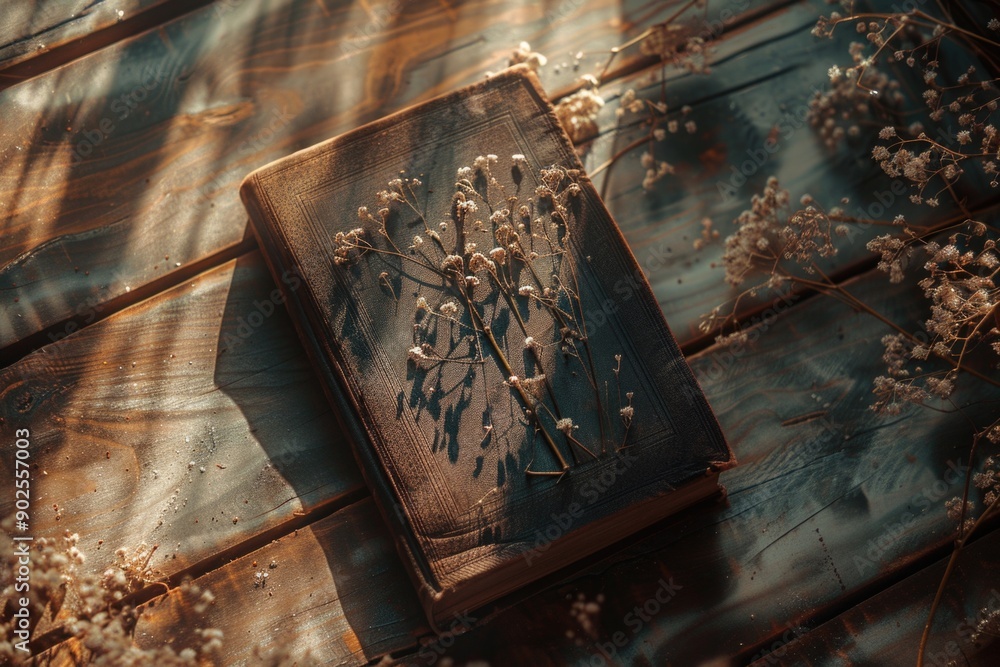 Poster a book sits atop a wooden table, ready for reading or display