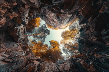 A scenic view of a forest looking up towards the sky, with trees and foliage visible