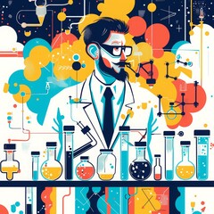 Scientist in laboratory pouring colorful chemicals between glass beakers, wearing a white lab coat and safety glasses. Shelves filled with various scientific equipment in the background.