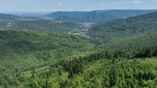Stunning drone view of summer green forests in the Beskids, Bielsko-Biała, Gora Zar, Lake Zywieckie. Beskid summer mountains panorama.
