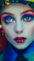 Portrait of a Fashion Model in Bold Makeup, Bright Eyes, Brighter Style. Fashion Model in Radiant Makeup