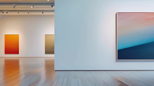 Modern art gallery interior with colorful abstract paintings displayed on white walls, showcasing contemporary creative expression.