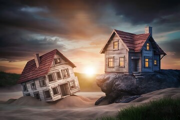 A home built on the beach as opposed to one built on a rock. The wise and stupid builders' parable. Matthew's gospel. Taking Absorb and applying the lessons that Jesus taught. dusk sky