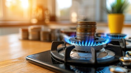 Creative Representation of Money on a Gas Stove Before Sunset
