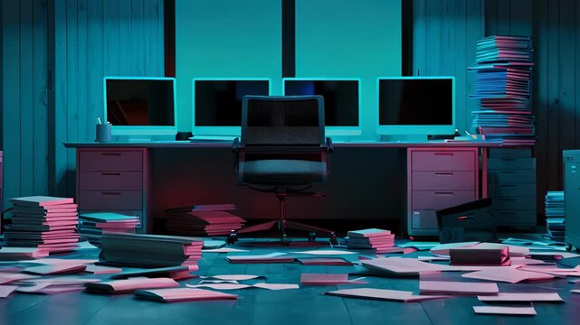 Disorganized office with stacked papers, multiple monitors, and cluttered desk in dim lighting, representing work stress and chaos.