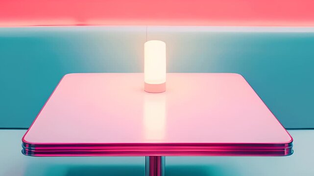 Minimalist table in vibrant neon lighting featuring a glowing lamp, creating a retro and futuristic atmosphere in a stylish setting.