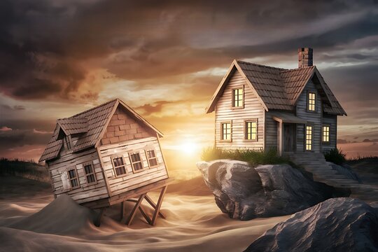 A home built on the beach as opposed to one built on a rock. The wise and stupid builders' parable. Matthew's gospel. Taking Absorb and applying the lessons that Jesus taught. dusk sky