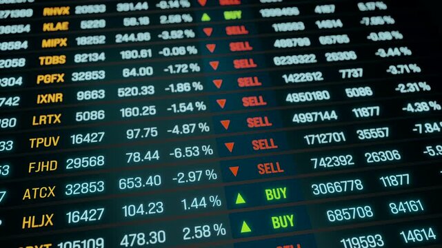 Brokerage business, transaction data on the screen, buy and sell signs for current trades. stock market and exchange concept, information, market reserach. 3D animation