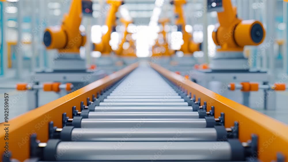 Poster modern automated conveyor belt system with robotic arms in a high-tech factory. industrial manufactu