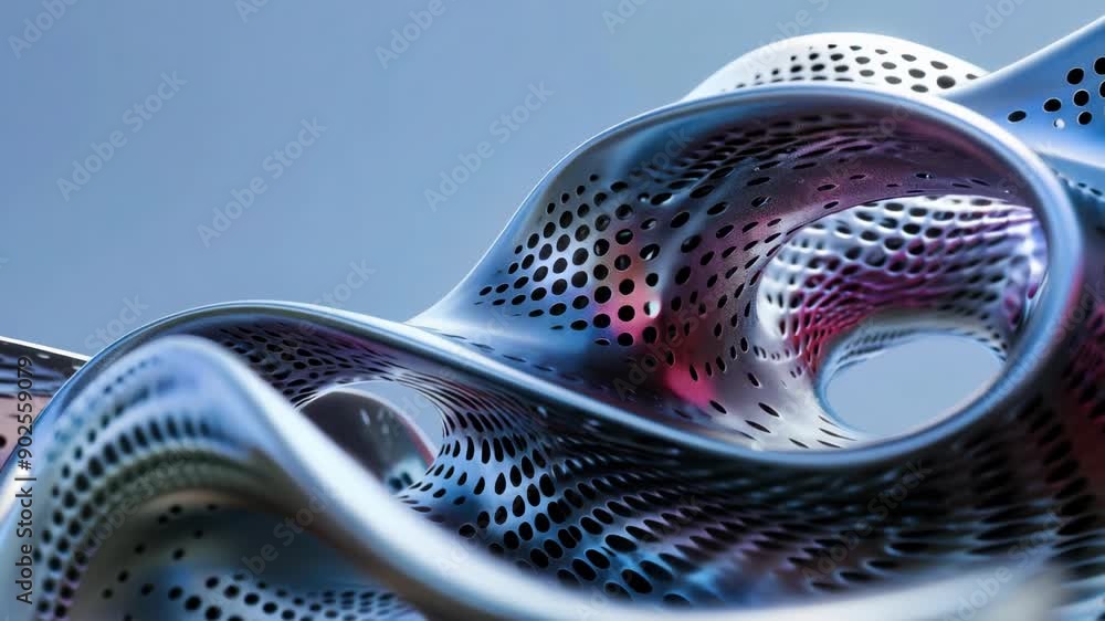 Poster flowing parametric metal abstraction with perforated surface and modern design, daylight vibes, abst