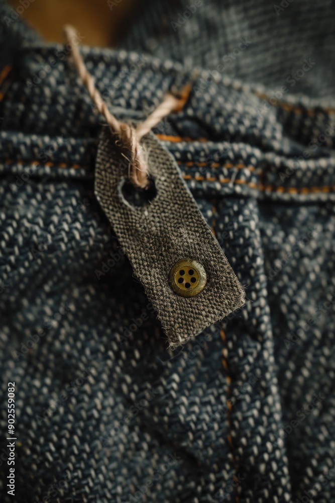 Poster close-up of a button on a pair of distressed denim jeans, suitable for fashion or textile use