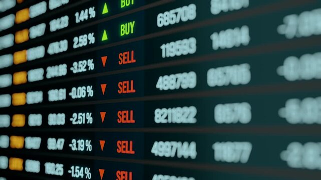 Brokerage business, transaction data on the screen, buy and sell signs for current trades. stock market and exchange concept, information, market reserach. 3D animation
