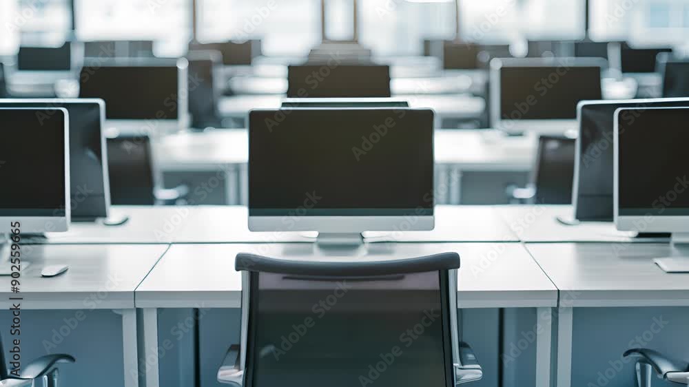 Aufkleber a modern office space with multiple computer workstations, large windows, and sleek design, creating