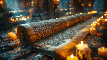 Purim megillah being read aloud in a synagogue, with community members listening attentively, candles and festive decorations in the background.