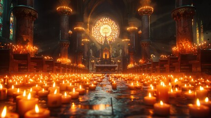 Obraz premium Rabbi leading a congregation in prayer at the synagogue for Rosh Hashanah, solemn and reverent atmosphere, candlelight casting gentle shadows.