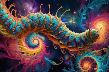 Caterpillar in fractals and swirls of psychedelic art
