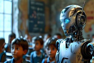 small, sleek humanoid robot with shiny silver limbs and glowing blue LED teaches children in a school. Future learning concept.