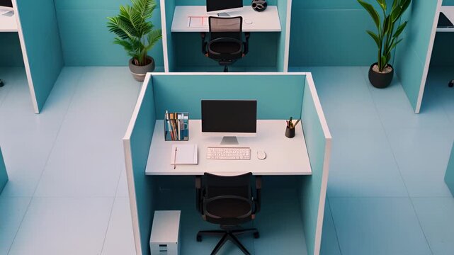 Modern office cubicles with computer desks and office chairs, arranged in a neat layout. Interior space featuring plants and minimal decor.