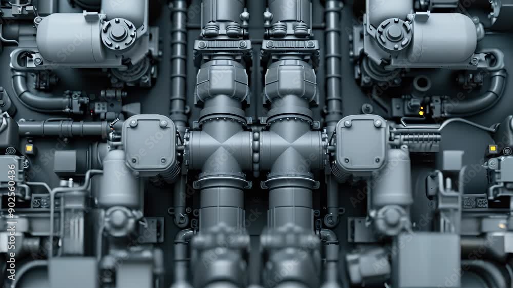 Poster close-up view of industrial machine engine component with pipes and connectors, showcasing intricate