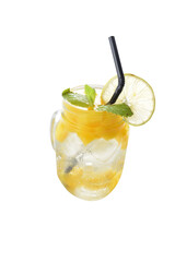 cold iced summer mango peach fruit juice with lemon mint leaf with red cherry in cocktail glass black straw on grey cloth white background asian beverage halal food drink menu for hotel bar cafe