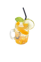 cold iced summer mango peach fruit juice with lemon mint leaf with red cherry in cocktail glass black straw on grey cloth white background asian beverage halal food drink menu for hotel bar cafe