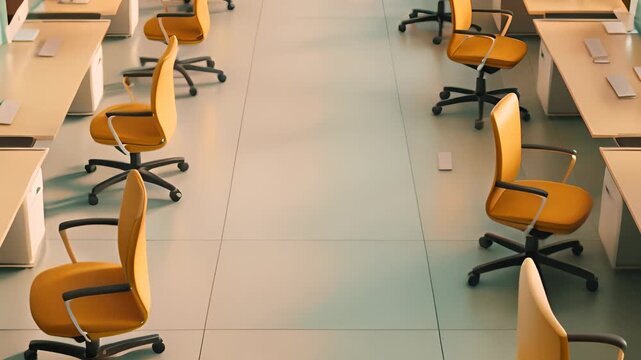 Modern office workspace with rows of desks, computers, and yellow chairs, providing an empty and clean environment for productivity.
