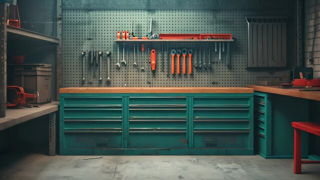 workshop with tools neatly arranged on a pegboard and a sturdy workbench, ideal for DIY projects and craftsmanship.