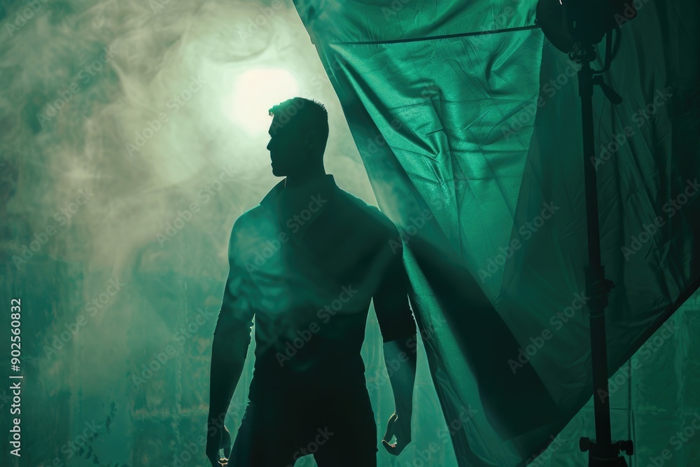 Poster a person standing in front of a green traffic light with a calm and hopeful expression