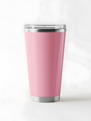 Blank pink tumbler on white background for mockup, presentation. stainless steel.	