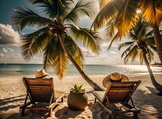 Obraz premium Ready for a Summer vacation. Summer vacation at a tropical beach with palm trees