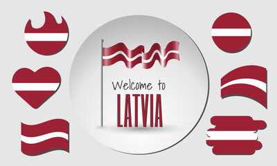 Set of Latvia flags and waving Latvian flag in vector with the inscription Welcome to Latvia!