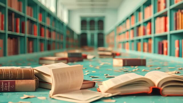 A large, empty library with teal shelves filled with books. Books are scattered across the floor in a serene, well-lit environment.