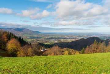 View from meadow near Zvonicka sv. Isidora in Slezske Beskydy mountains above Hradek village in Czech republic