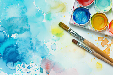 Obraz premium Colorful watercolor background with paintbrush and colorpots on white paper, copy space for text. Artistic creative design template. Watercolour painting. Color splashes, brush strokes. Flat lay