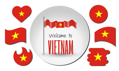Set of Vietnam flags and waving Vietnam flag in vector with the inscription Welcome to Vietnam!