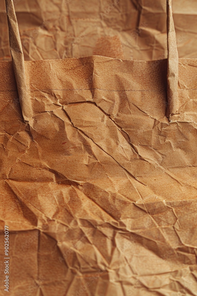 Poster a close-up shot of a brown paper bag with crumpled edges and a creased surface