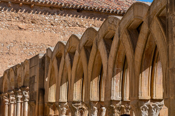 The historic cloister of Monasterio de San Juan de Duero in Soria, Spain, showcasing its iconic...