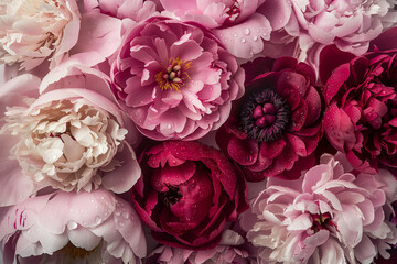 close-up of an arrangement featuring peonies in various shades, including blush pink and deep reds, arranged to create a soft and romantic floral composition, droplets on flowers, floral backgrounds