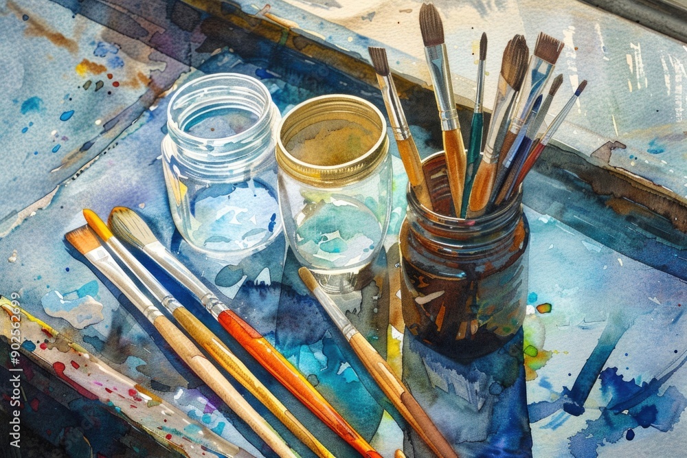 Poster close-up shot of paint brushes and a jar of paint on a table