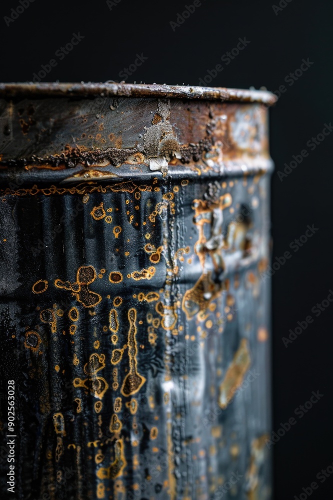 Poster a close-up shot of a metal trash can with a lid and a rusty surface