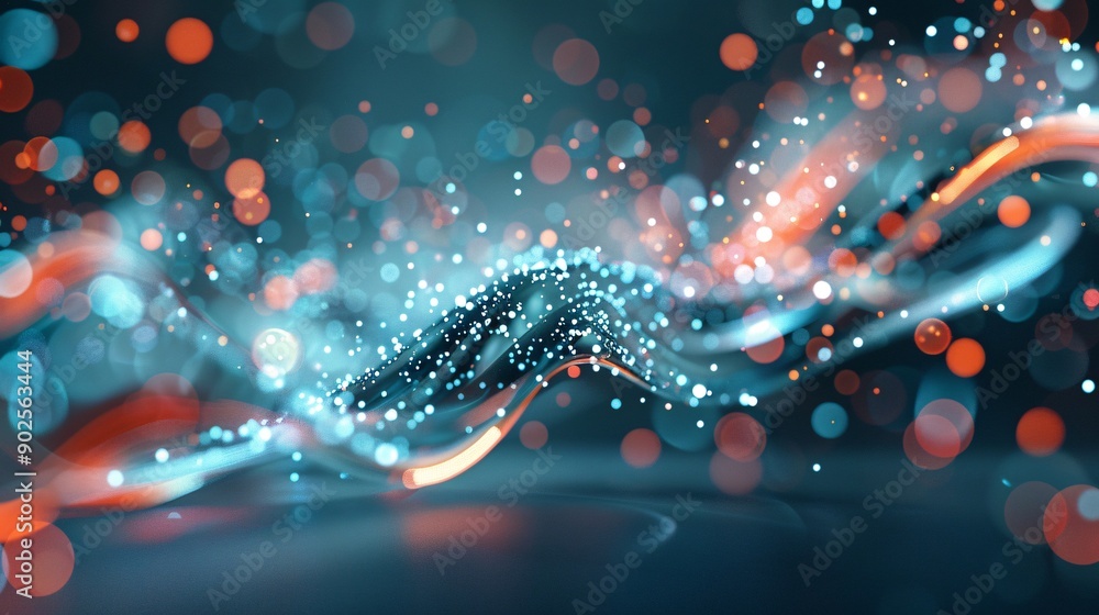 Poster abstract 3d music visualizer with colorful particles, 3d background music, dynamic and captivating.