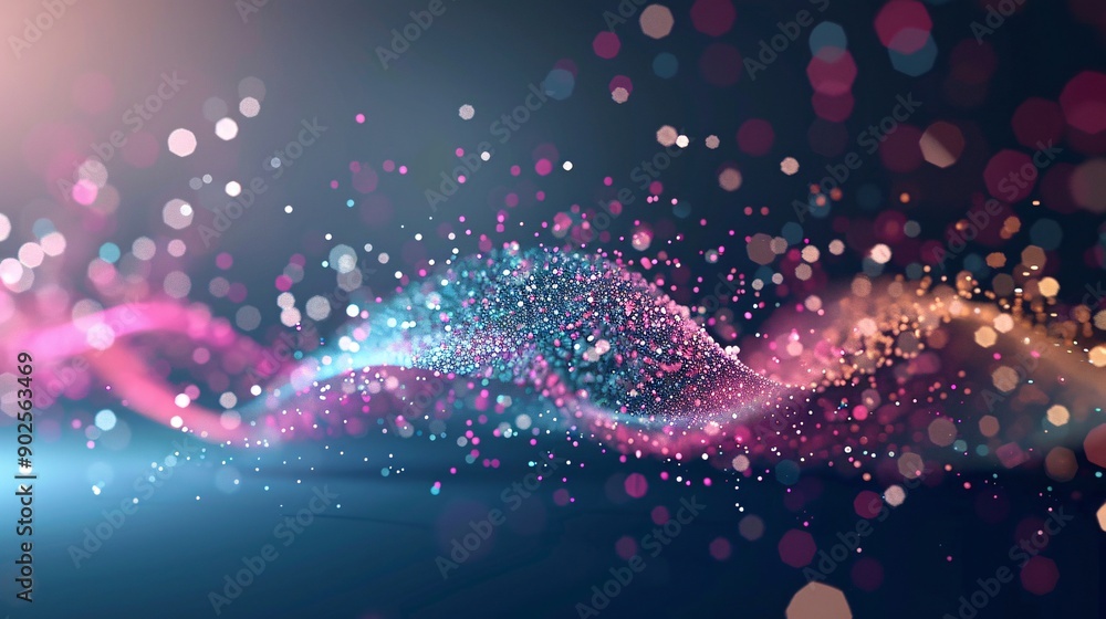 Poster abstract 3d music visualizer with colorful particles, 3d background music, dynamic and captivating.