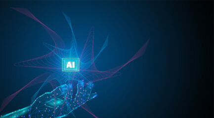 Artificial intelligence abstract background. AI Computer chip in digital hand. 