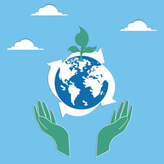 Sustainability ecology or renewable energy to save the world from climate change or global warming environmental safe or recycle concept hand holding sustainable green world with recycle symbol