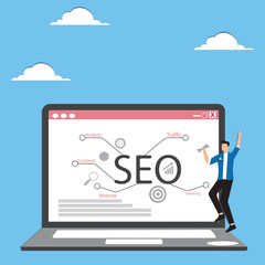 SEO ranking search engine optimization to improve search result position to be on top and make more traffic to websites concept businessman marketing team move website ranking on search result pag