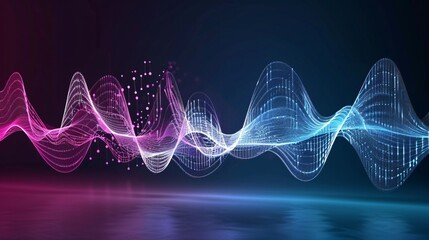 Neon 3D music waves on a black background, 3D background music, vibrant and immersive.