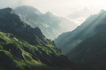Majestic mountain landscape with lush greenery and ethereal light rays.