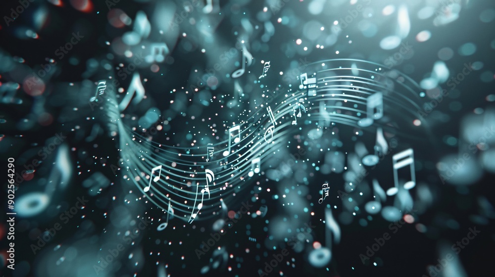 Poster abstract 3d vortex with embedded music symbols, 3d background music, dynamic and unique.