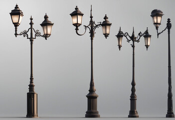 Set of various classic European style street lamppost isolated on transparent background