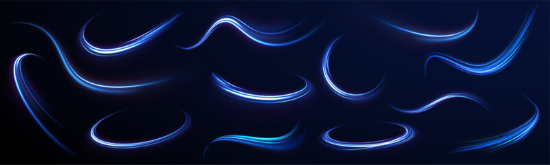 Blue wave curved lines for presentations, illustration of articles and publications on technological trends and innovations, covers of technological magazines. Light arc in blue colors.
